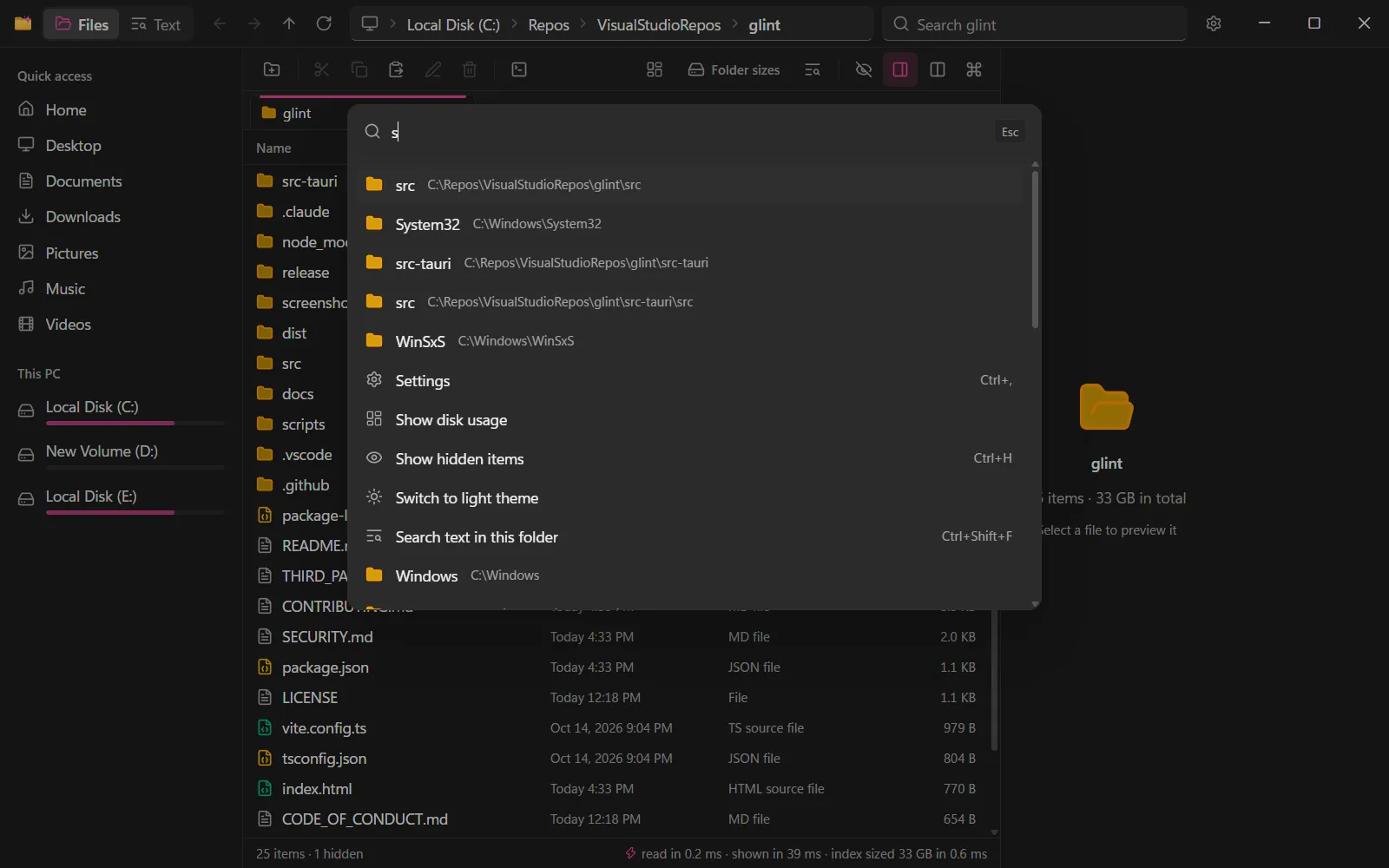 The command palette with recent folders and commands