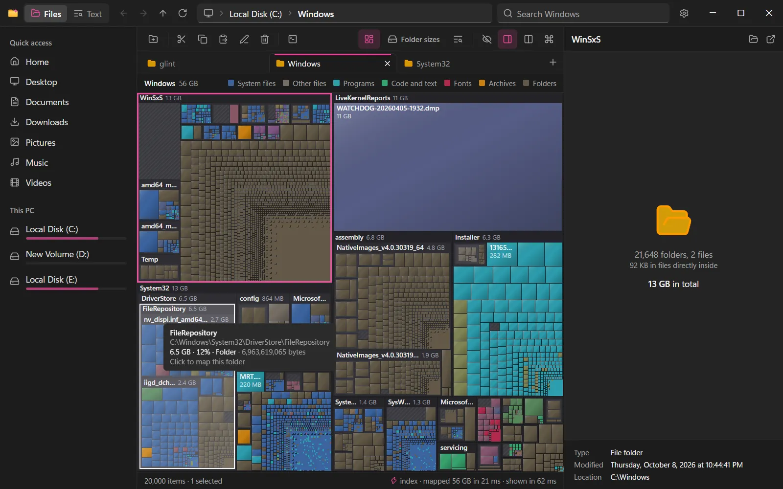 The disk usage map of C:\Windows: every folder and file as a block sized by how much space it takes