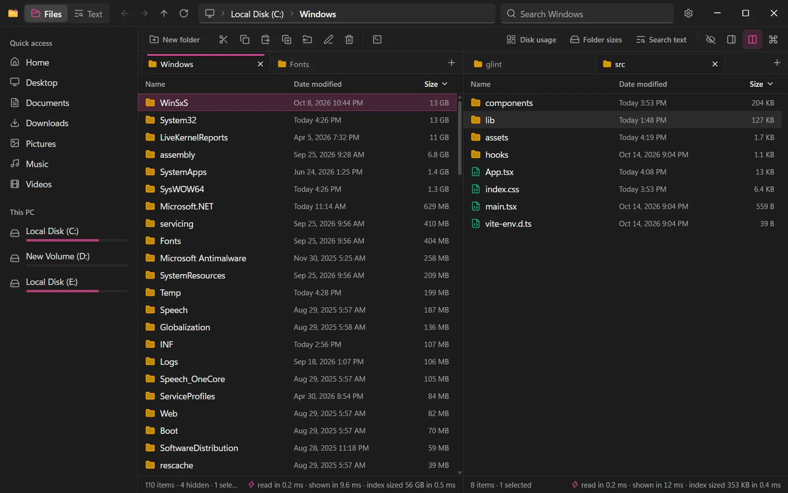 Two panes side by side, each with its own tabs