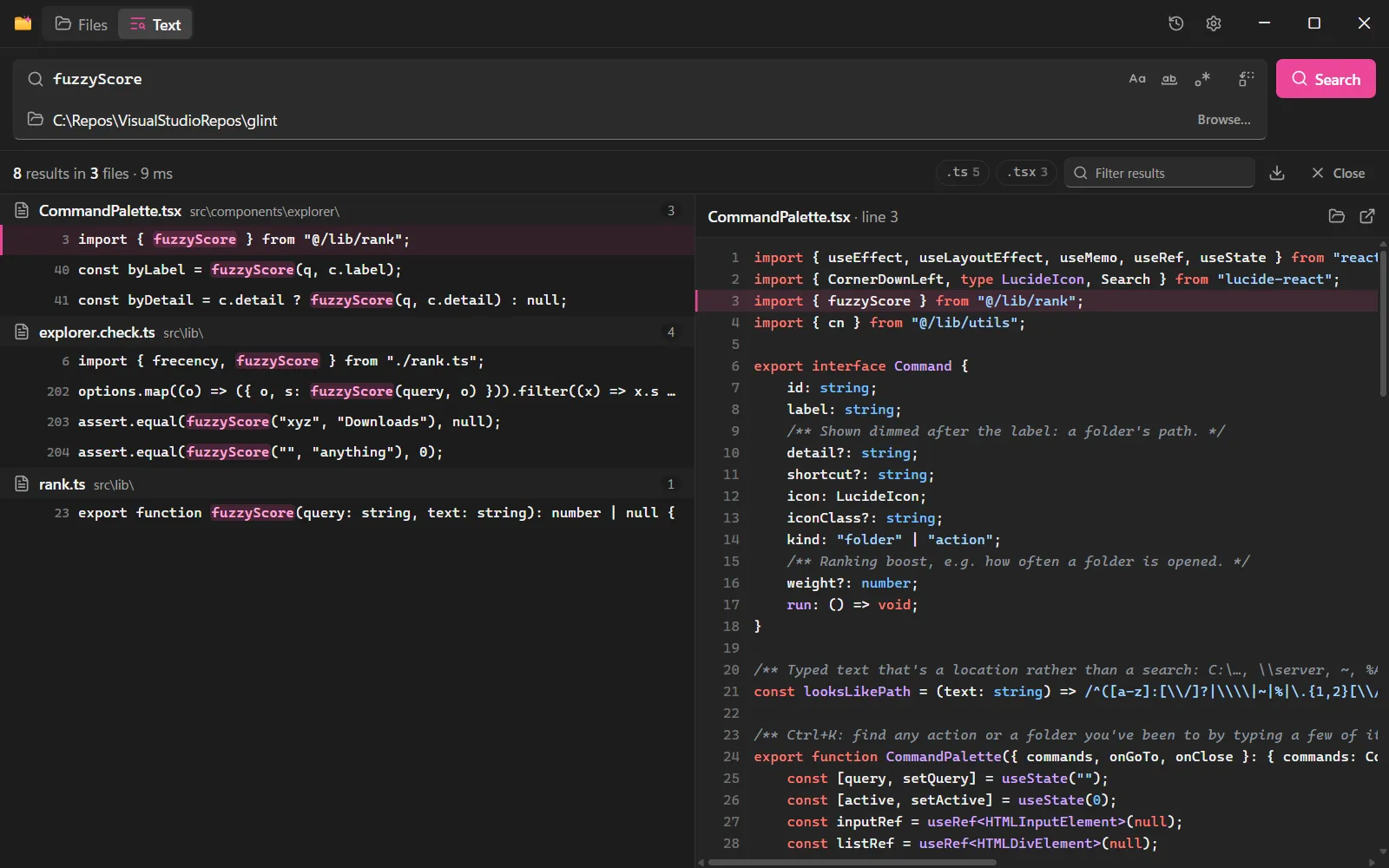 ripgrep results with a syntax-highlighted preview